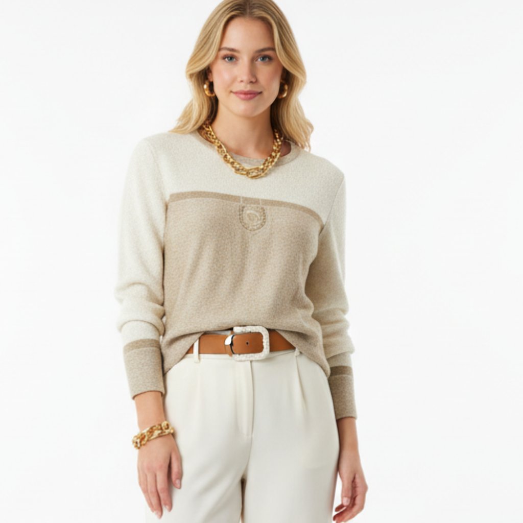 St John Sport Tan & Ivory Knit Sweater P S Small